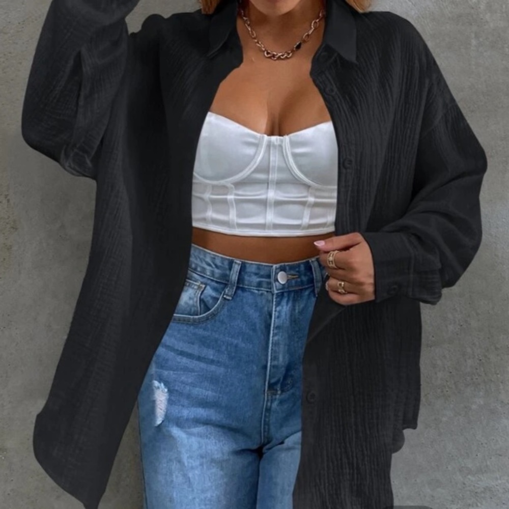 Oversized long sleeve black button up shirt